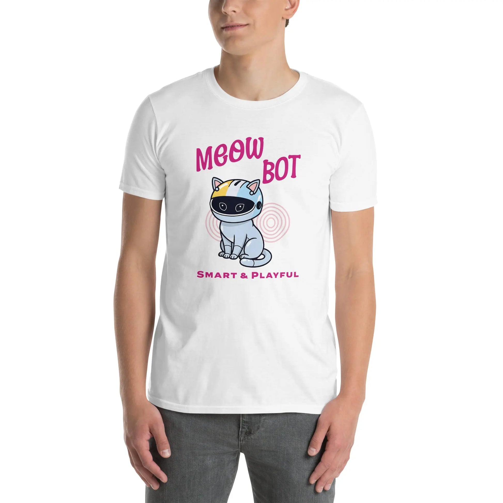 Cat themed graphic tee with meow bot print
