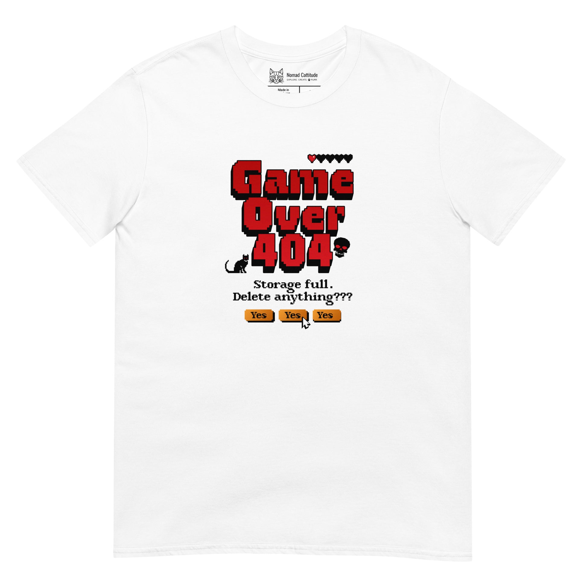 Cat themed graphic tee with error message print