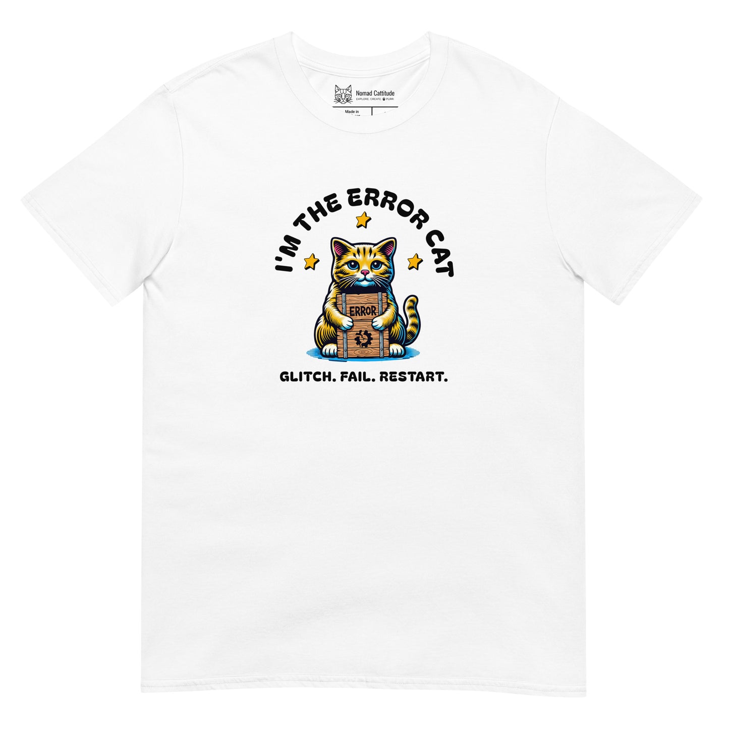 Cat themed graphic tee with error message print