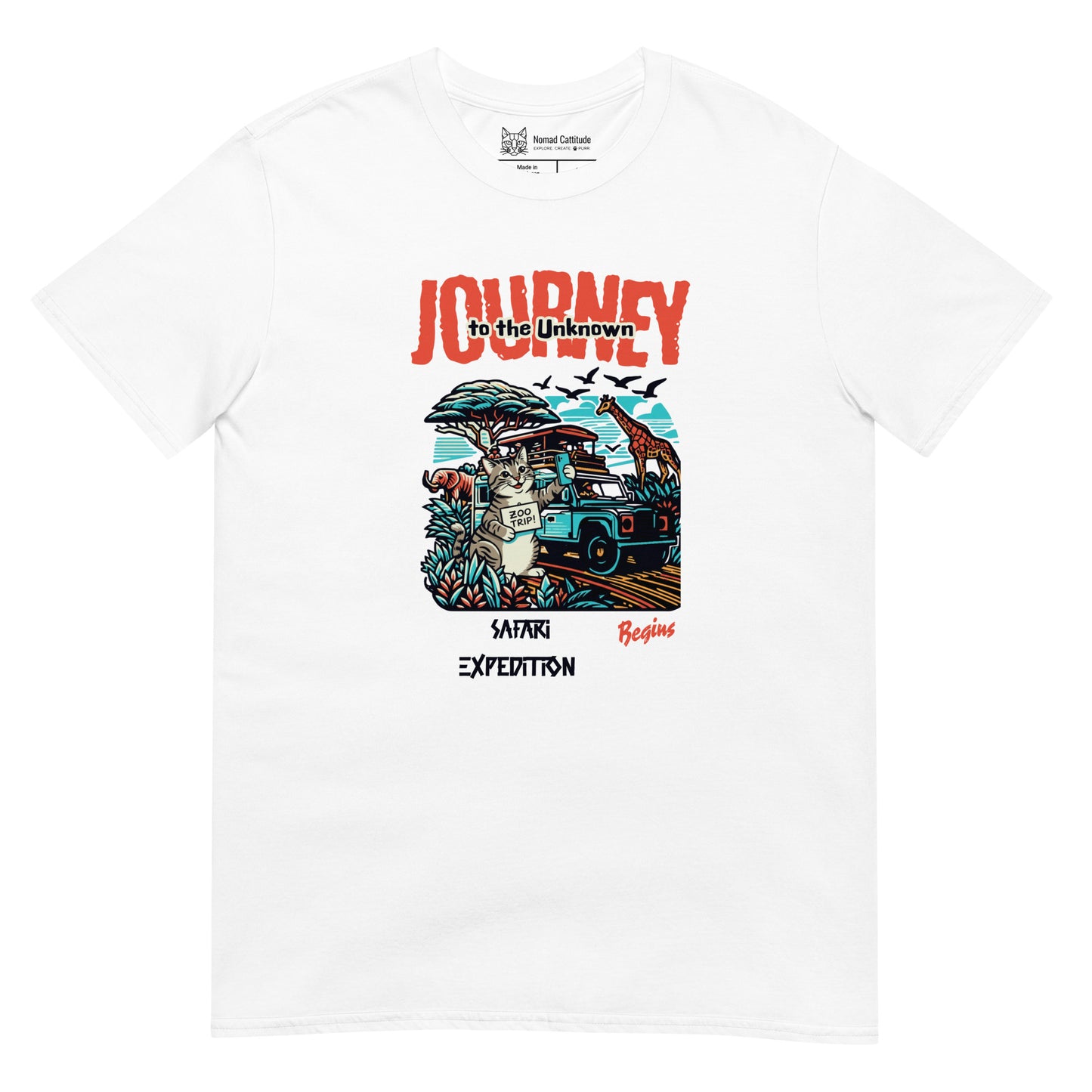 Cat themed graphic tee with vacation print