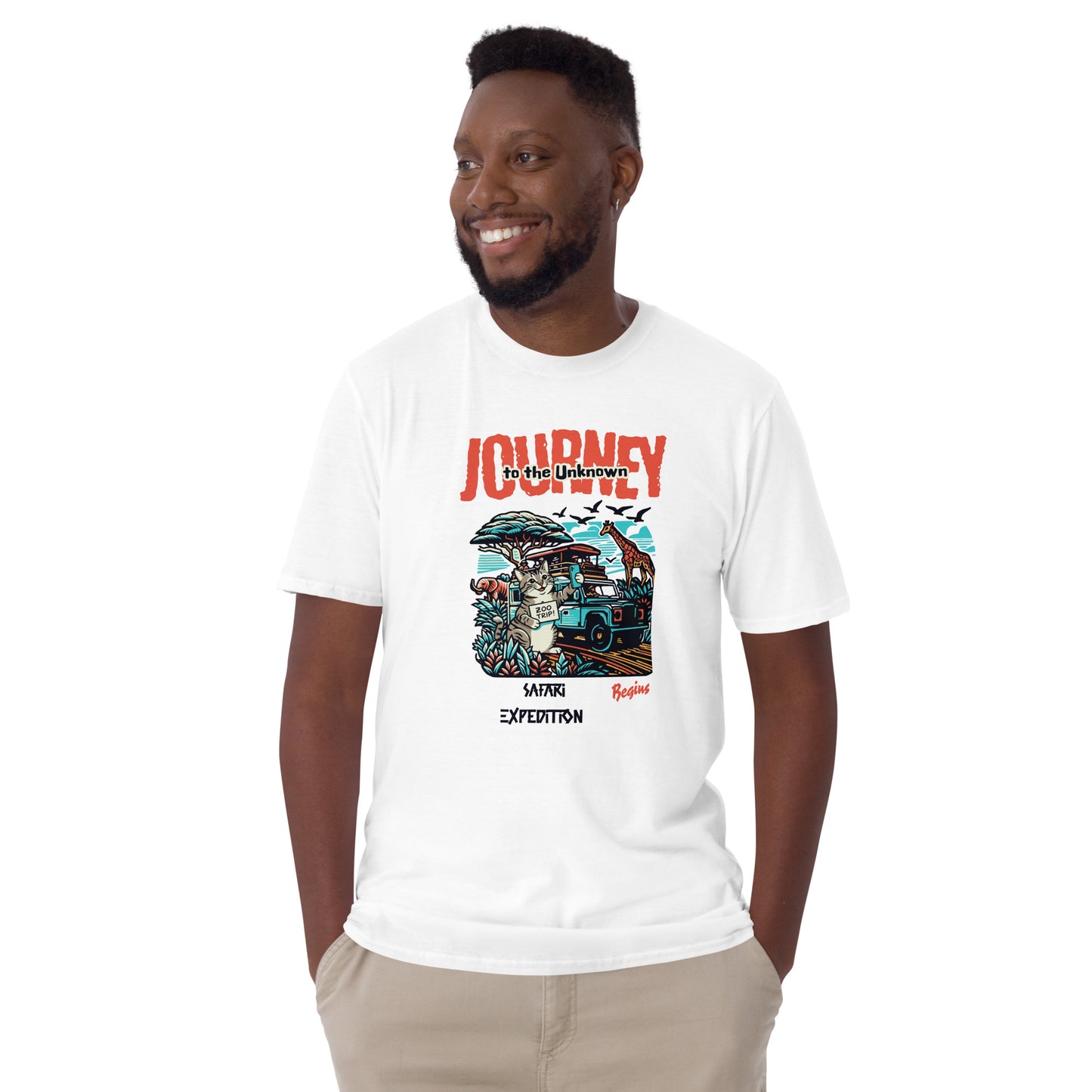 Cat themed graphic tee with vacation print