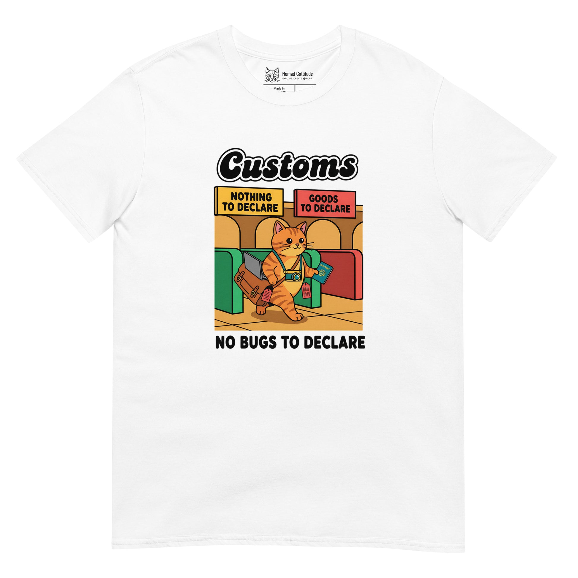 Cat themed graphic tee with vacation print