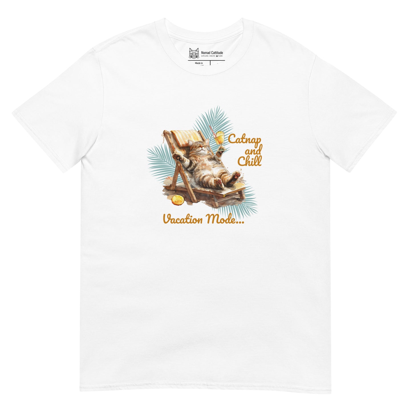 Cat themed graphic tee with vacation print