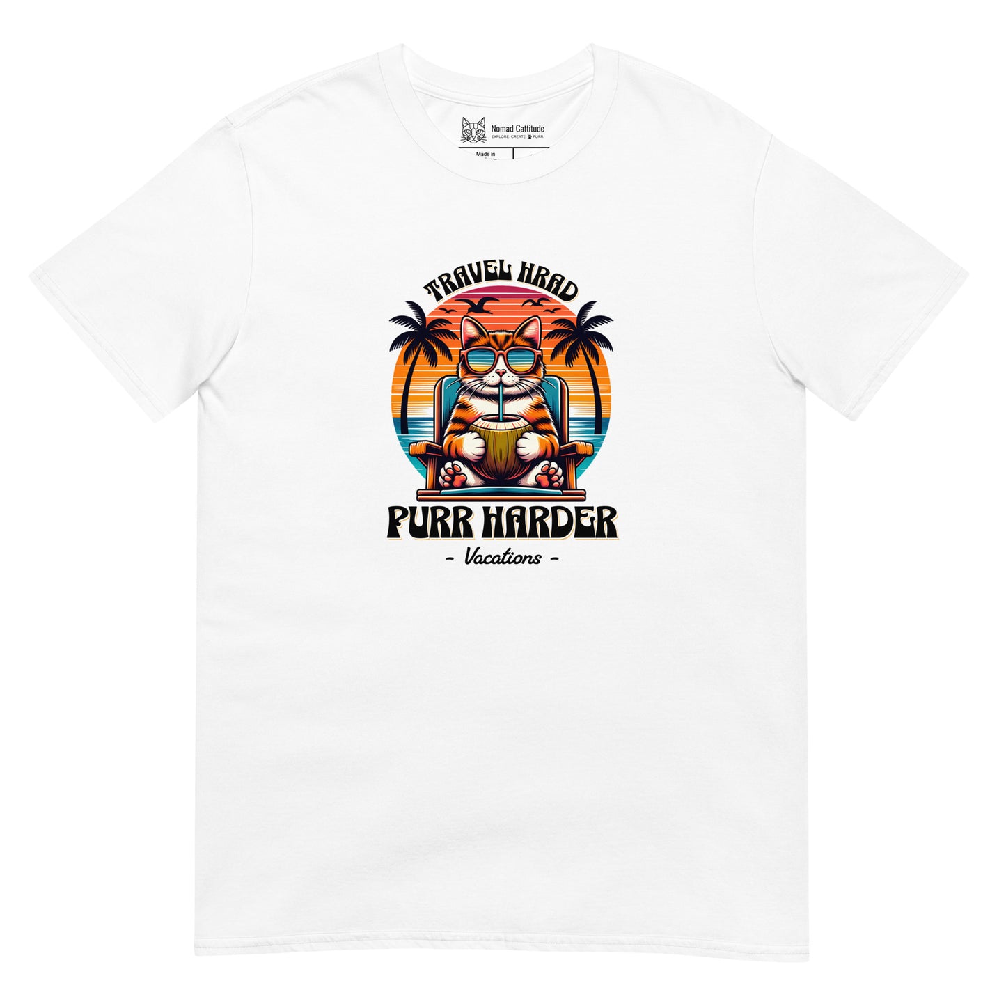 Cat themed graphic tee with vacation print