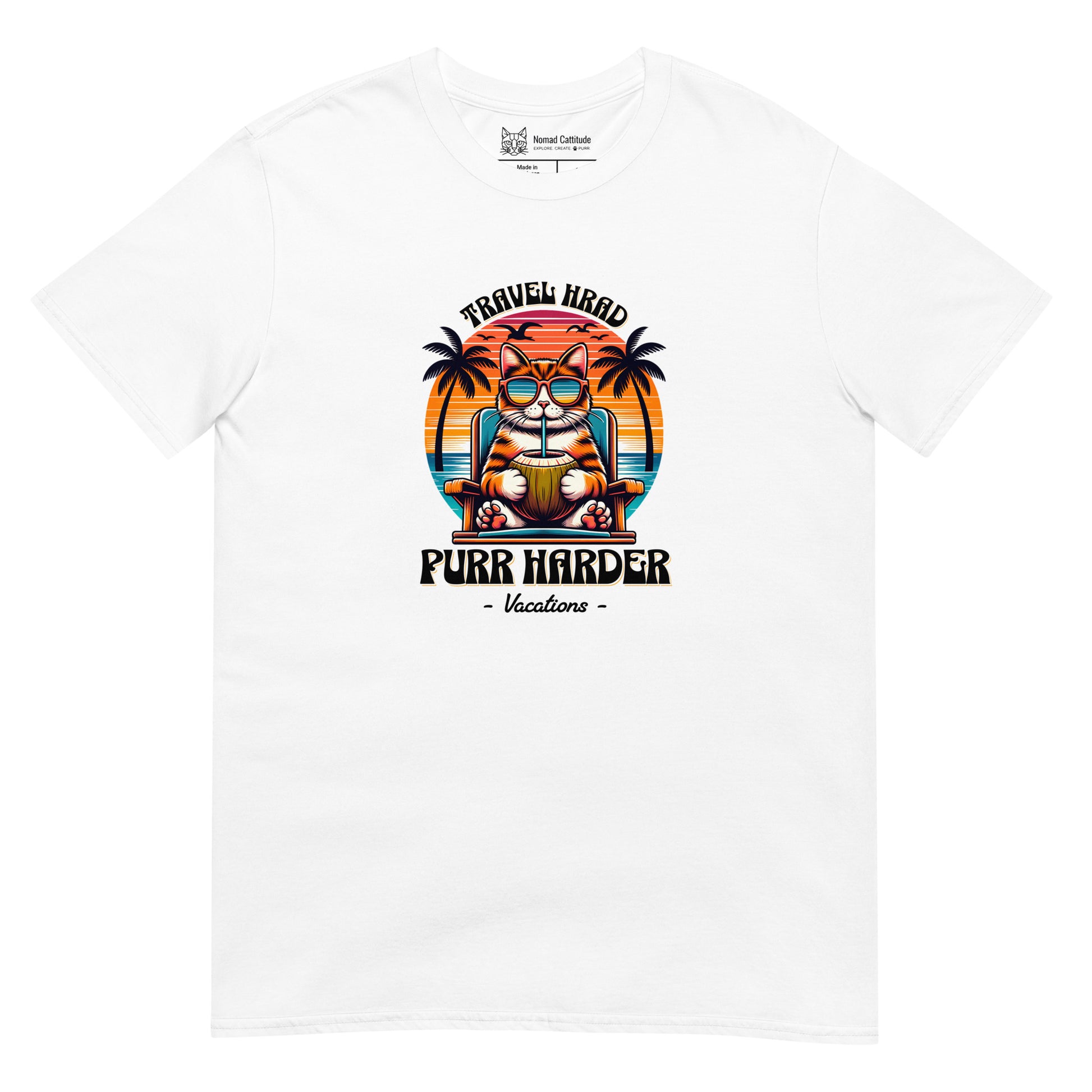 Cat themed graphic tee with vacation print