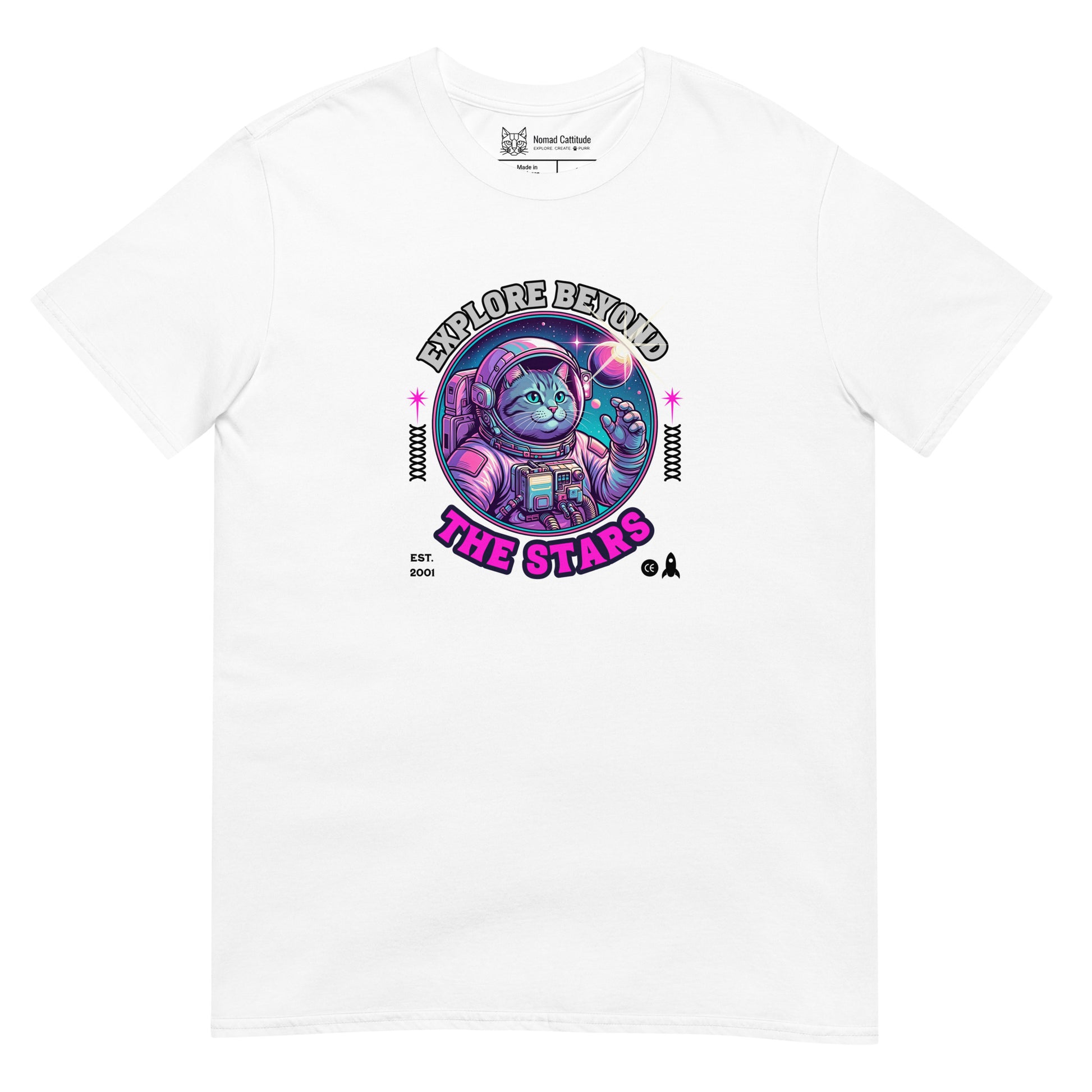 Cat themed graphic tee with space print