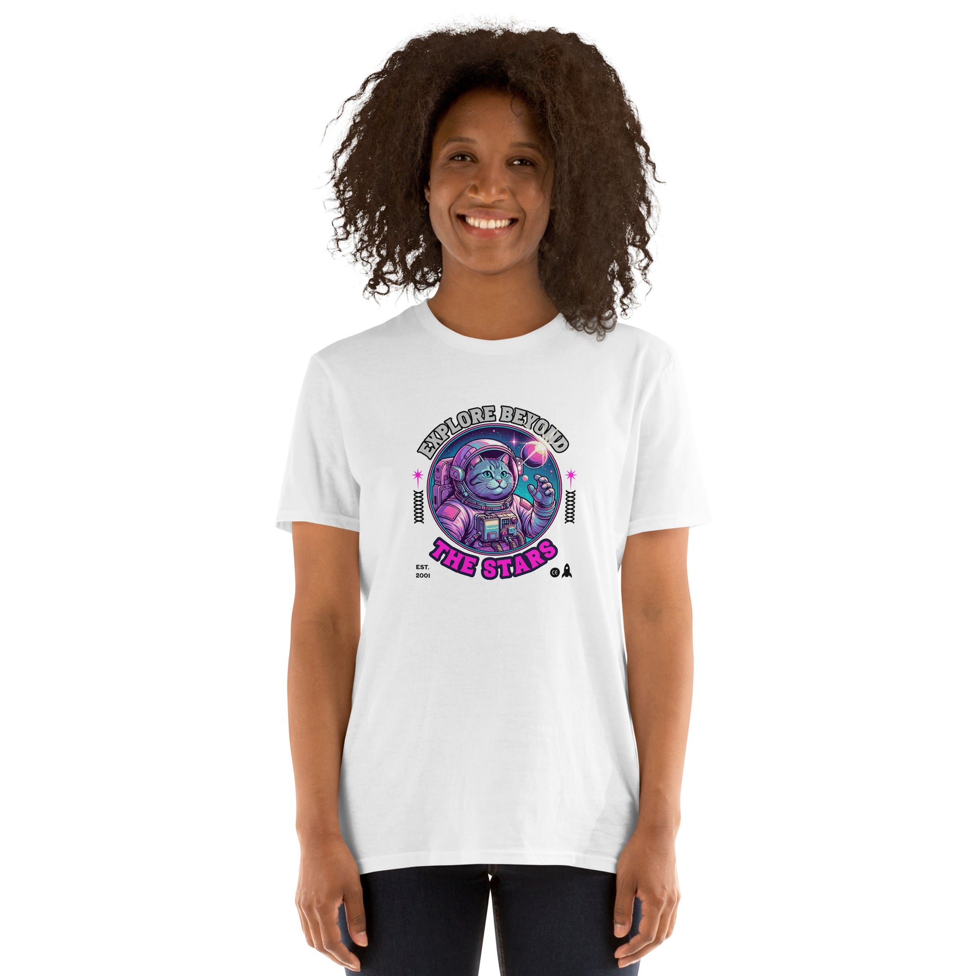 Cat themed graphic tee with space print