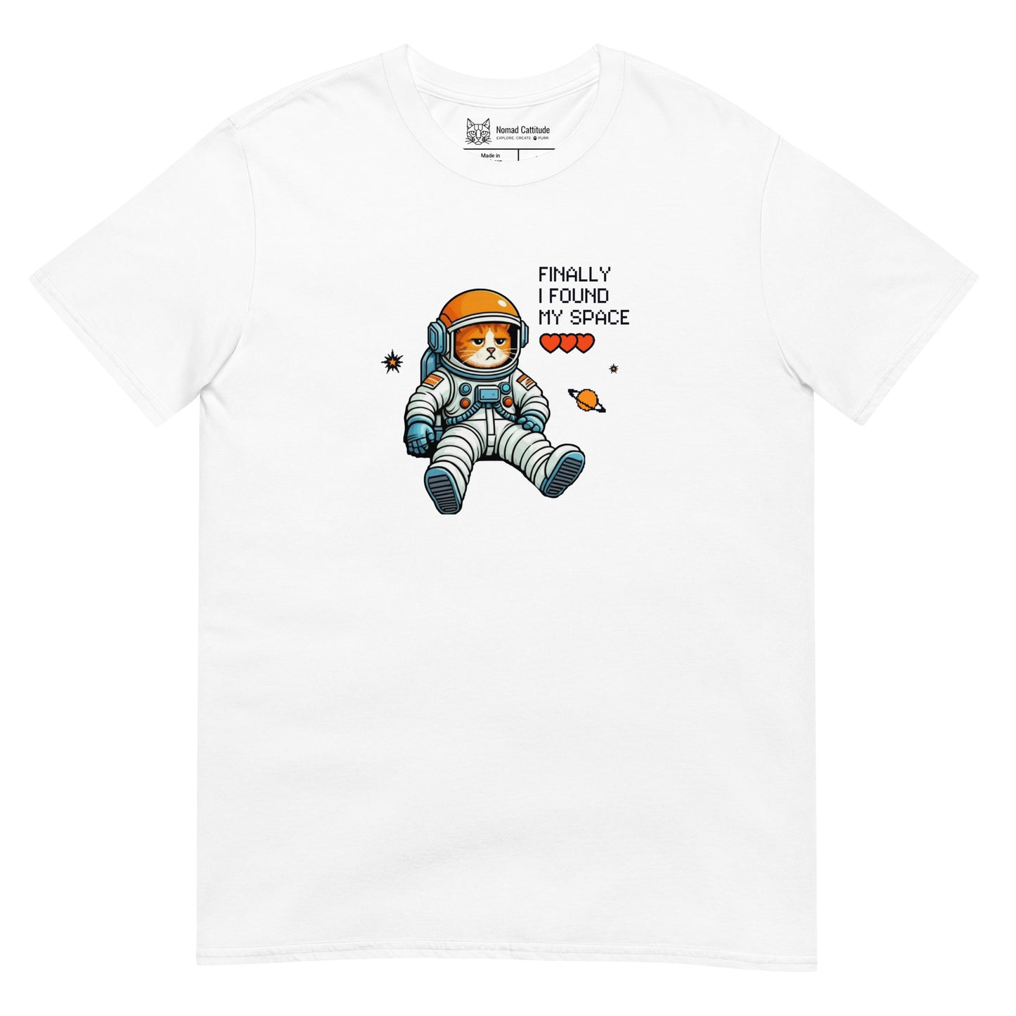 Cat themed graphic tee with space print