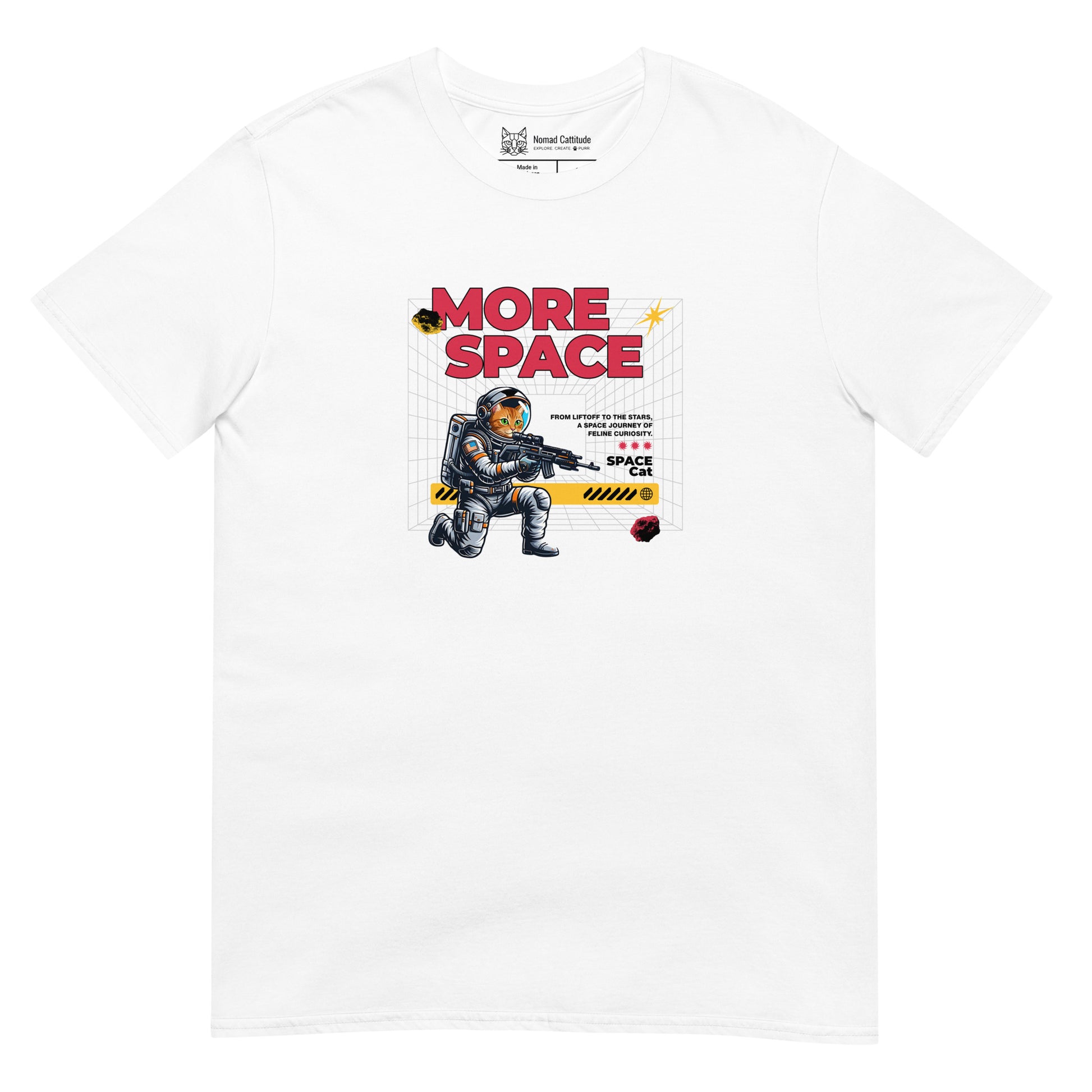 Cat themed graphic tee with space print