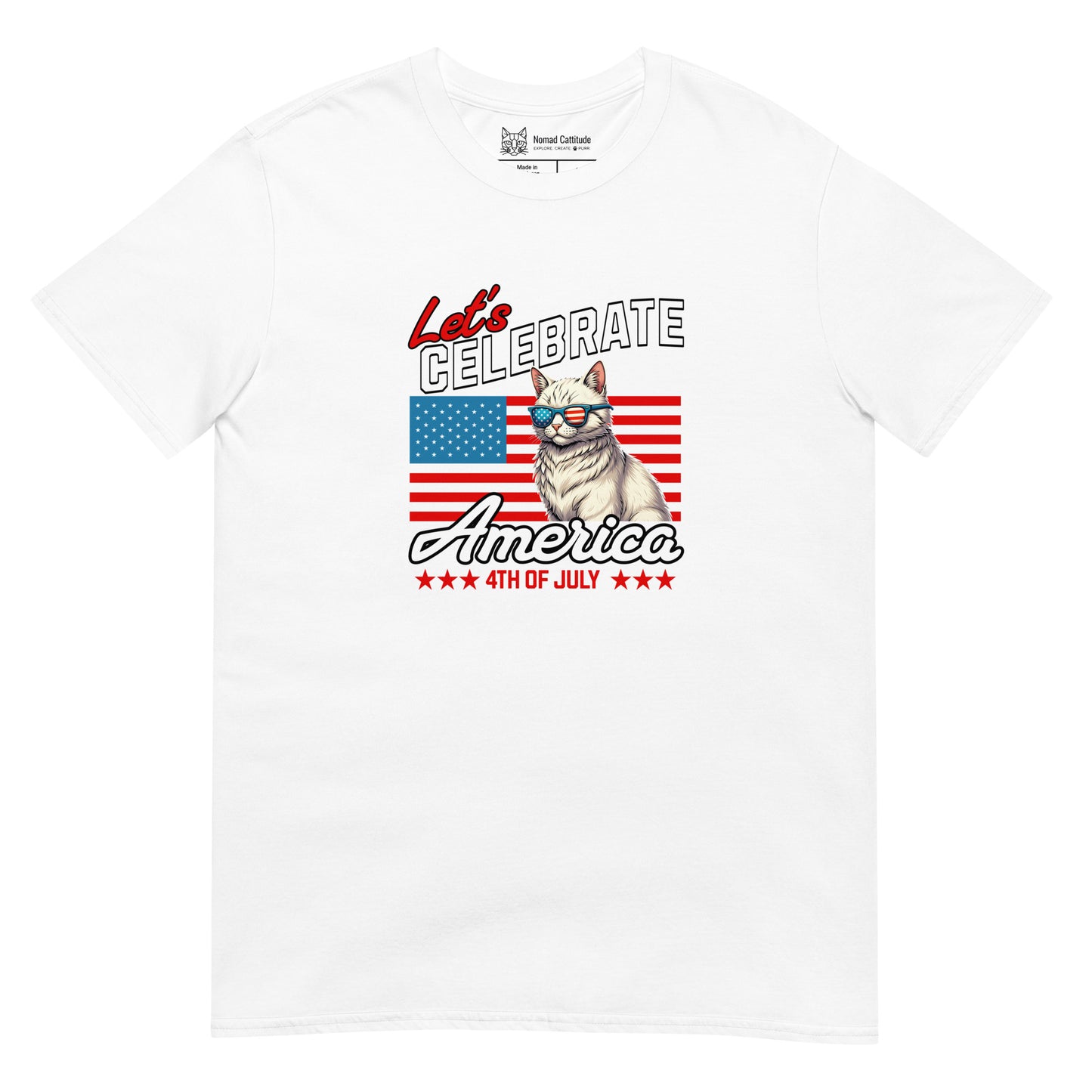 Cat themed graphic tee with USA 250th anniversary Independence Day print