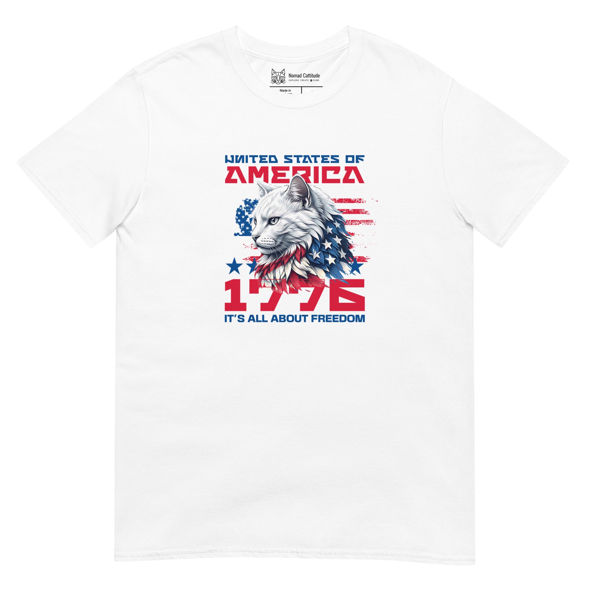 Cat themed graphic tee with 1776 USA eagle patriotic print