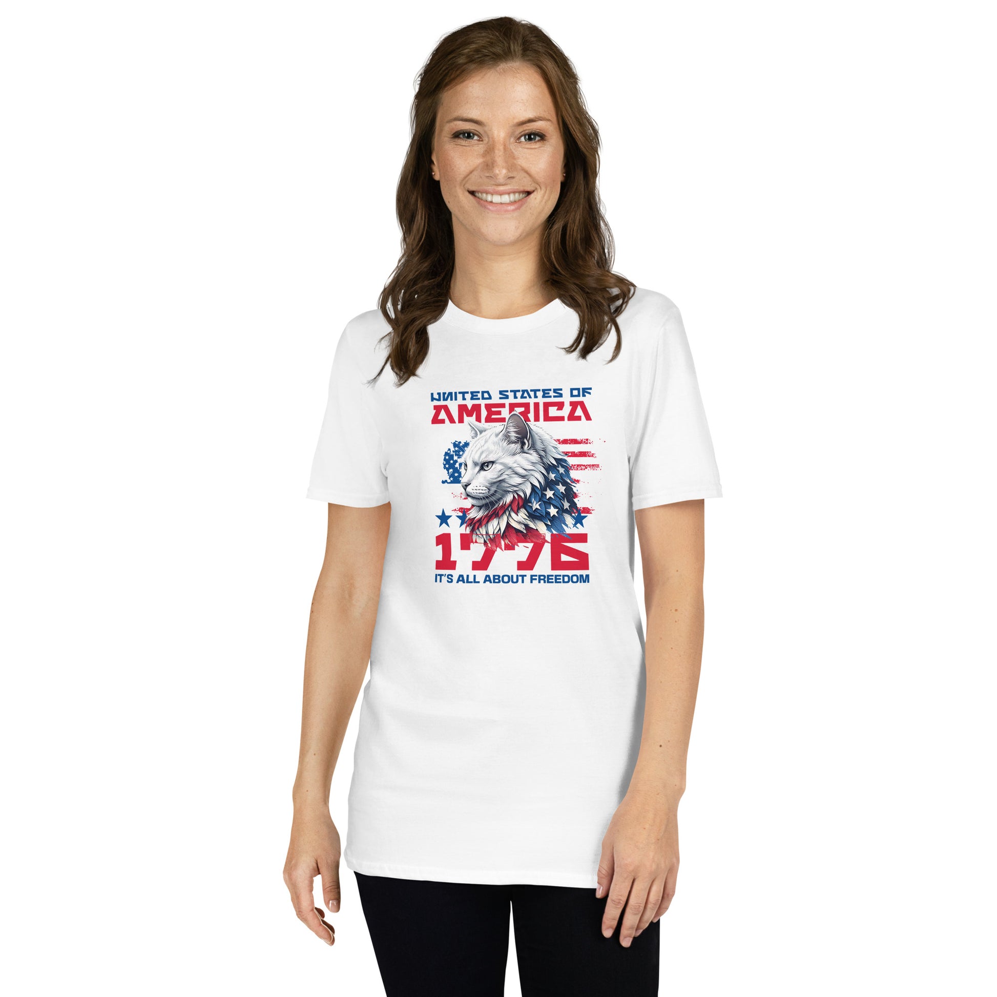 Cat themed graphic tee with 1776 USA eagle patriotic print
