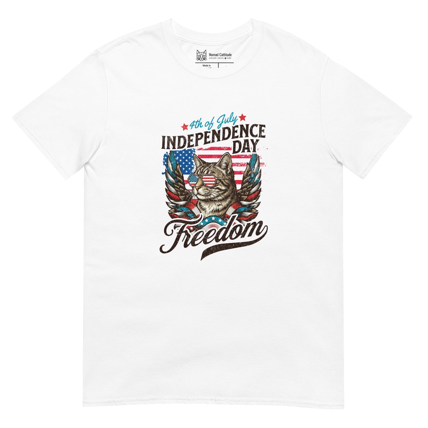 Cat themed graphic tee with July 4th freedom print