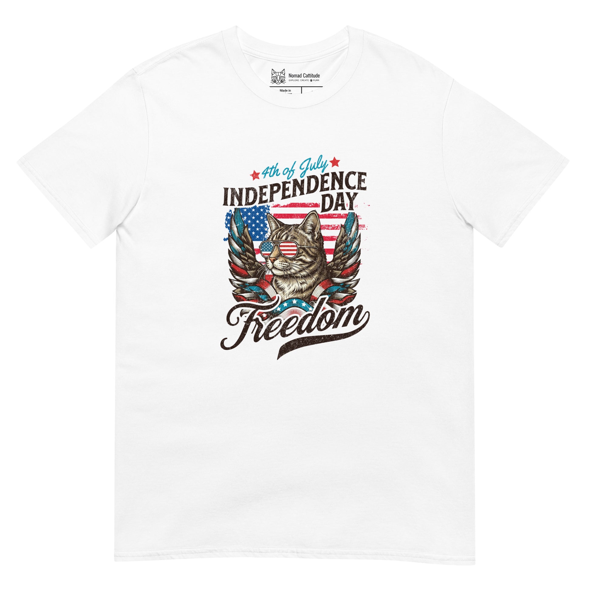 Cat themed graphic tee with July 4th freedom print