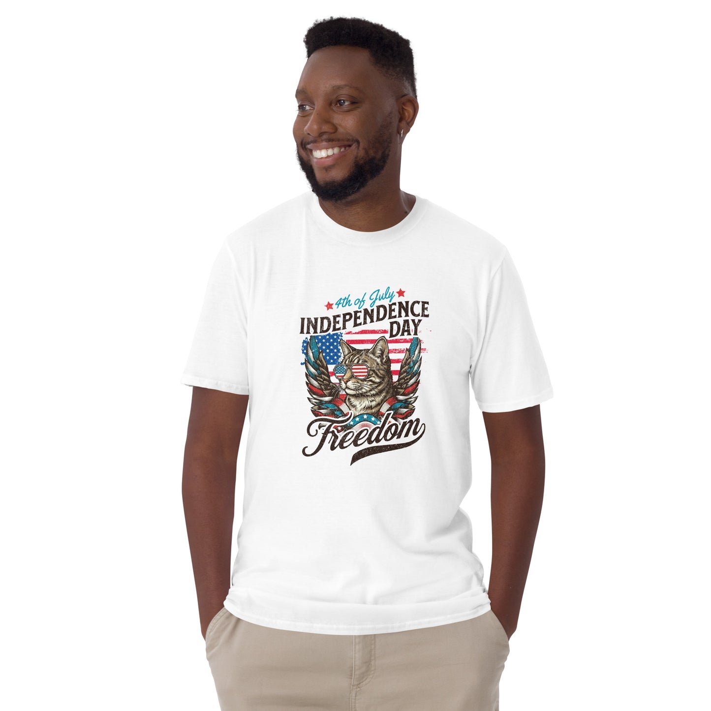 Cat themed graphic tee with July 4th freedom print