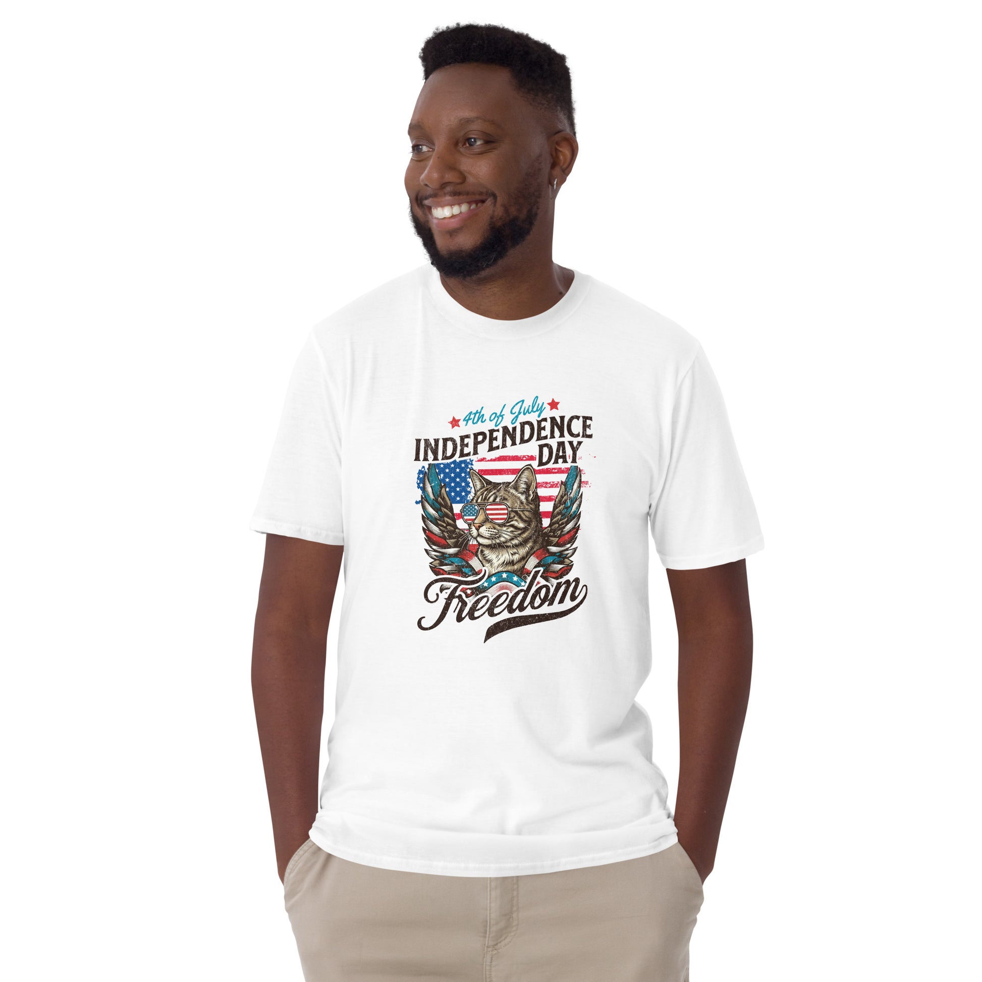 Cat themed graphic tee with July 4th freedom print