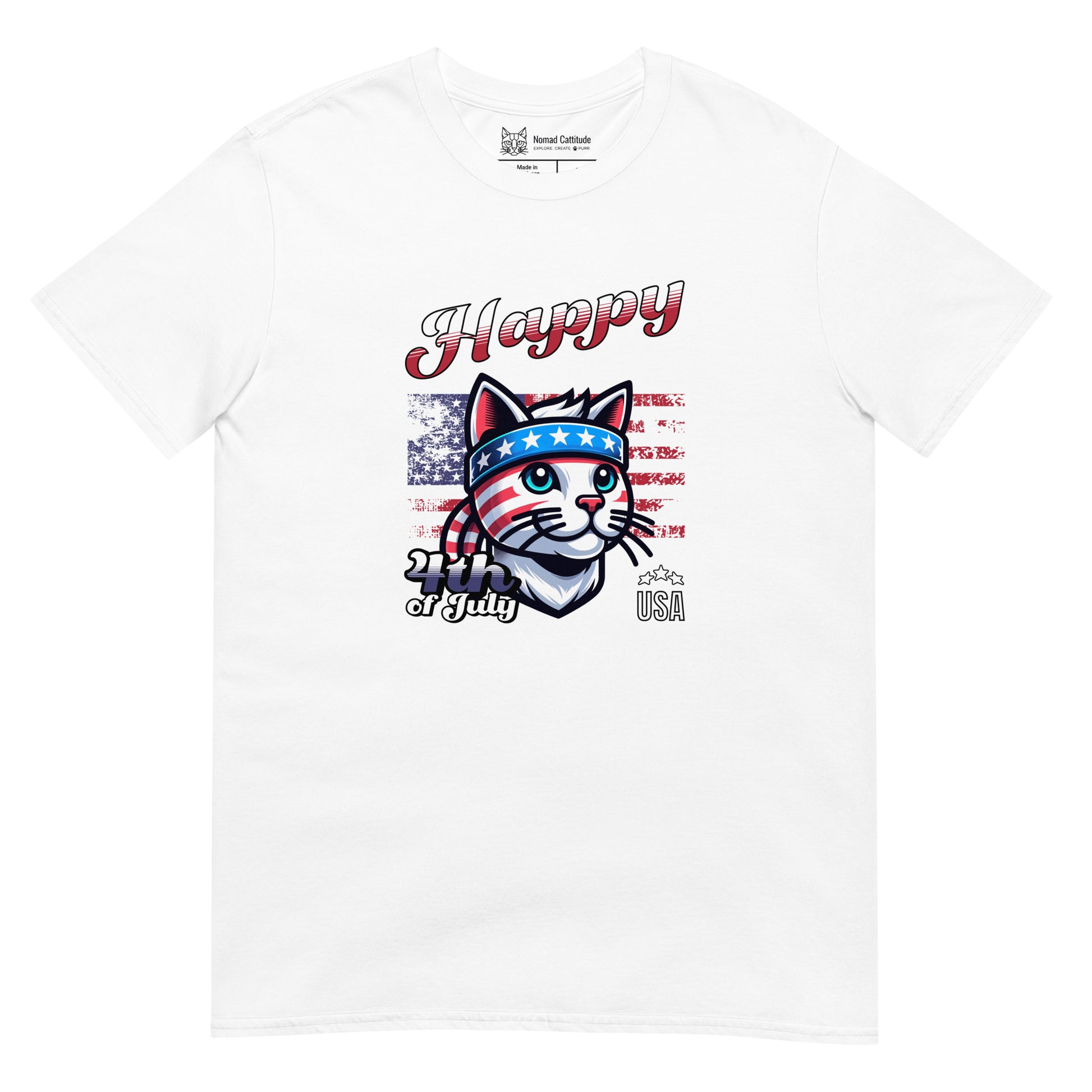 Cat themed graphic tee with USA anniversary Independence Day print